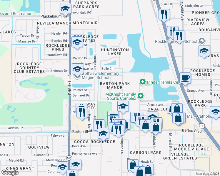 map of restaurants, bars, coffee shops, grocery stores, and more near 1312 Woodingham Drive in Rockledge