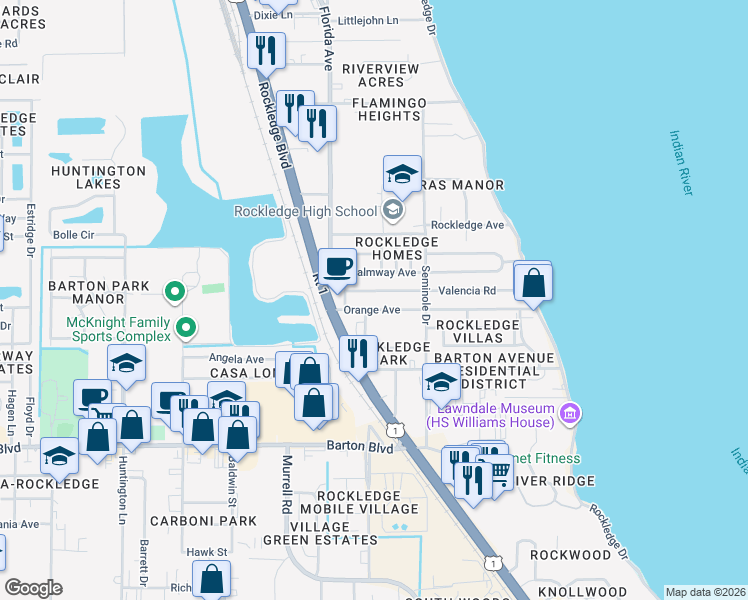 map of restaurants, bars, coffee shops, grocery stores, and more near 125 Valencia Road in Rockledge