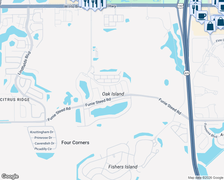 map of restaurants, bars, coffee shops, grocery stores, and more near 3000 White Orchid Road in Kissimmee
