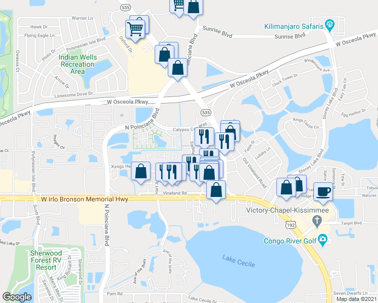 map of restaurants, bars, coffee shops, grocery stores, and more near 2962 Sadina Street in Kissimmee