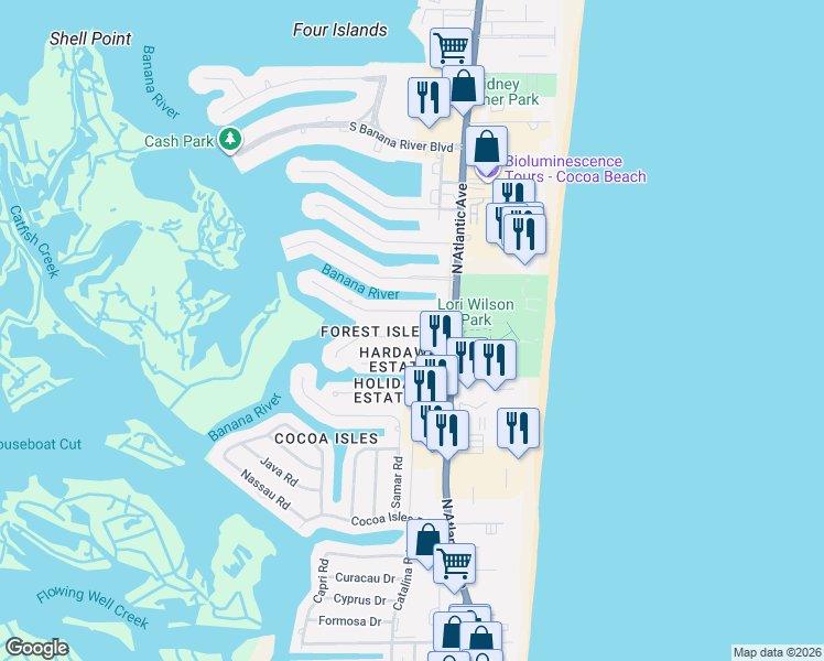 map of restaurants, bars, coffee shops, grocery stores, and more near 112 June Drive in Cocoa Beach