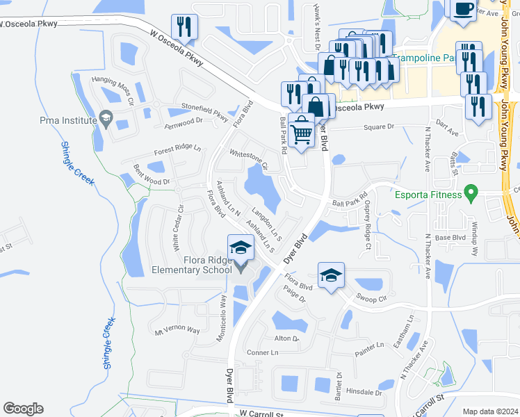 map of restaurants, bars, coffee shops, grocery stores, and more near 2955 Langdon Lane South in Kissimmee