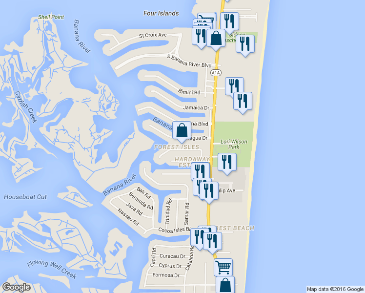 map of restaurants, bars, coffee shops, grocery stores, and more near 148 June Drive in Cocoa Beach