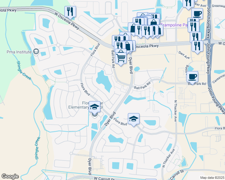 map of restaurants, bars, coffee shops, grocery stores, and more near 2801 Wentworth Lane in Kissimmee