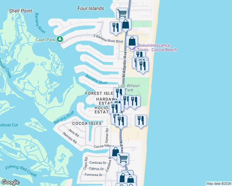 map of restaurants, bars, coffee shops, grocery stores, and more near 106 June Drive in Cocoa Beach
