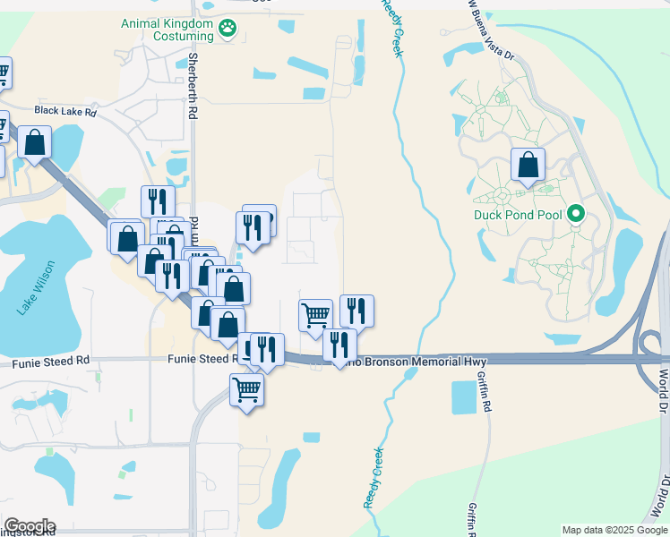 map of restaurants, bars, coffee shops, grocery stores, and more near 3030 Reedy Creek Boulevard in Kissimmee