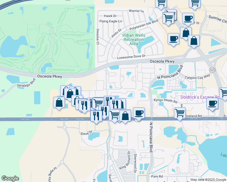 map of restaurants, bars, coffee shops, grocery stores, and more near 5490 Paradise Cay Circle in Kissimmee