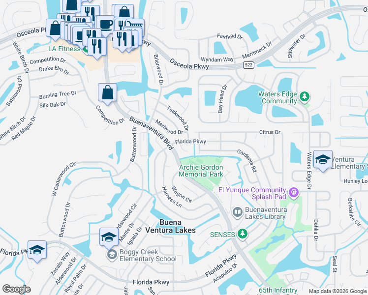 map of restaurants, bars, coffee shops, grocery stores, and more near 111 Candlewood Court in Kissimmee
