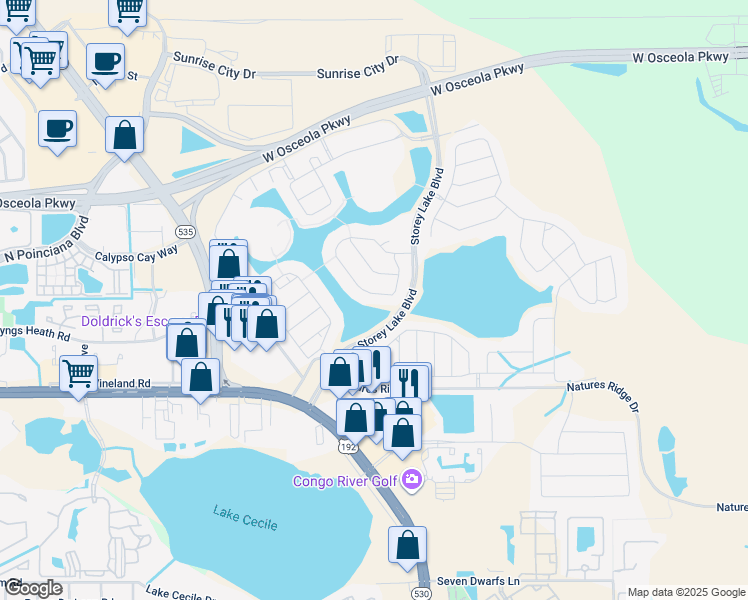 map of restaurants, bars, coffee shops, grocery stores, and more near 4807 Kings Castle Circle in Kissimmee