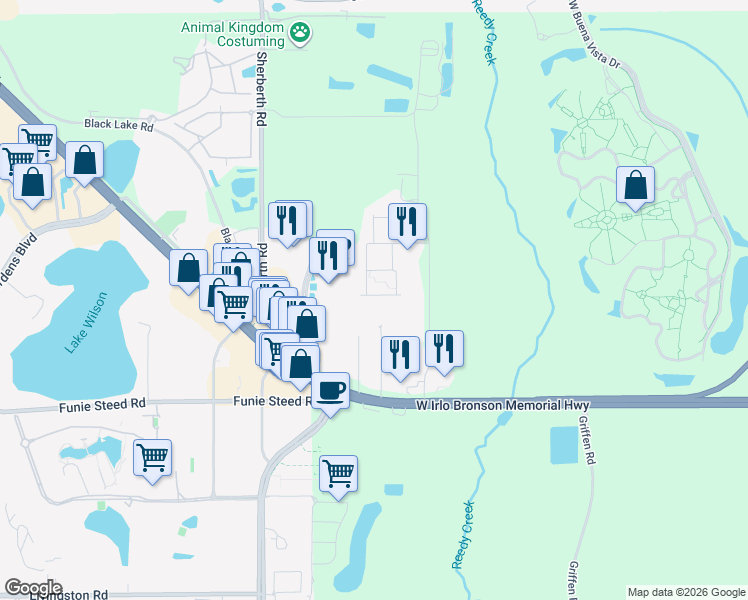 map of restaurants, bars, coffee shops, grocery stores, and more near 7538 Brooklyn Drive in Kissimmee