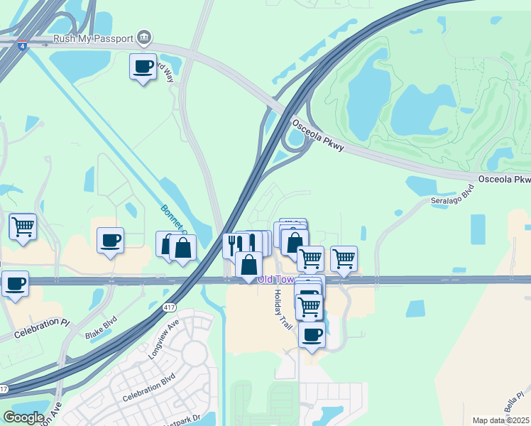 map of restaurants, bars, coffee shops, grocery stores, and more near 2990 Longwater Boulevard in Kissimmee