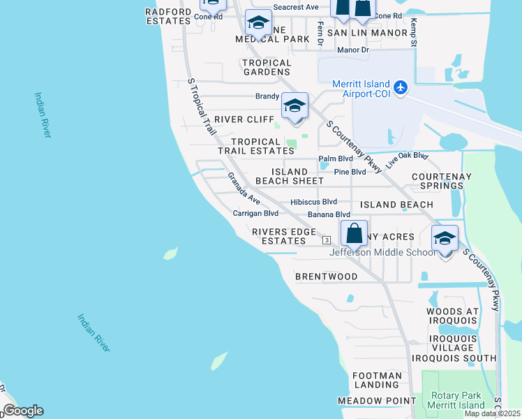 map of restaurants, bars, coffee shops, grocery stores, and more near 1170 Granada Boulevard in Merritt Island