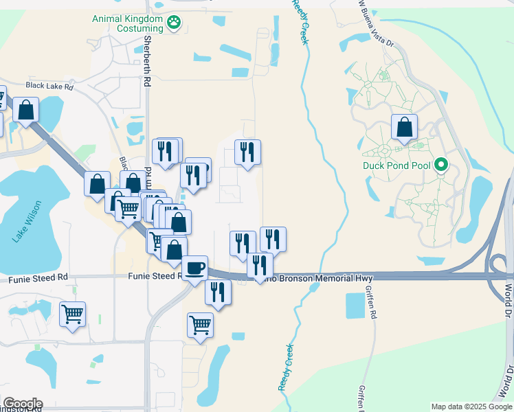 map of restaurants, bars, coffee shops, grocery stores, and more near 3030 Reedy Creek Boulevard in Kissimmee