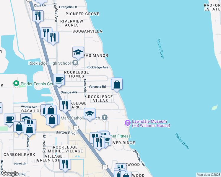 map of restaurants, bars, coffee shops, grocery stores, and more near 7 Valencia Road in Rockledge