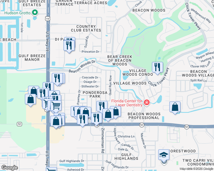 map of restaurants, bars, coffee shops, grocery stores, and more near 12306 Partridge Hill Row in Hudson