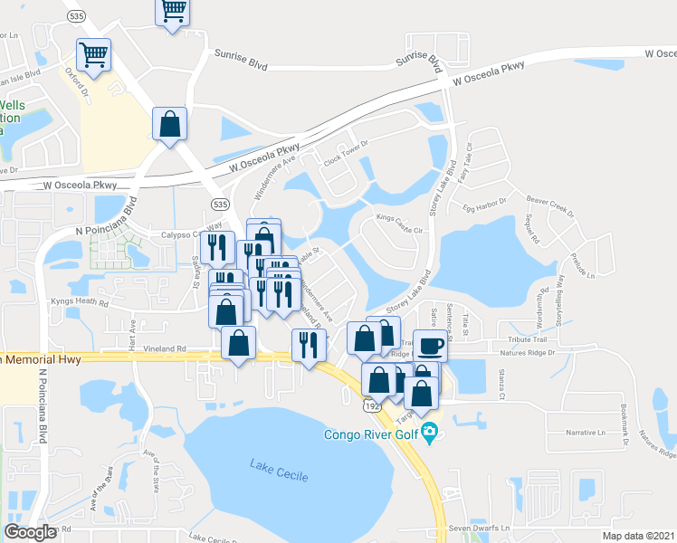 map of restaurants, bars, coffee shops, grocery stores, and more near 4800 Lullaby Lane in Kissimmee