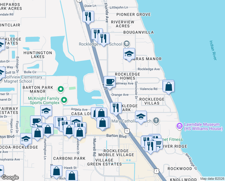 map of restaurants, bars, coffee shops, grocery stores, and more near 823 Osceola Drive in Rockledge
