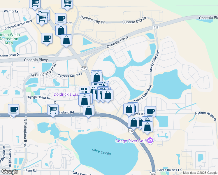map of restaurants, bars, coffee shops, grocery stores, and more near 4828 Love Storey Lane in Kissimmee