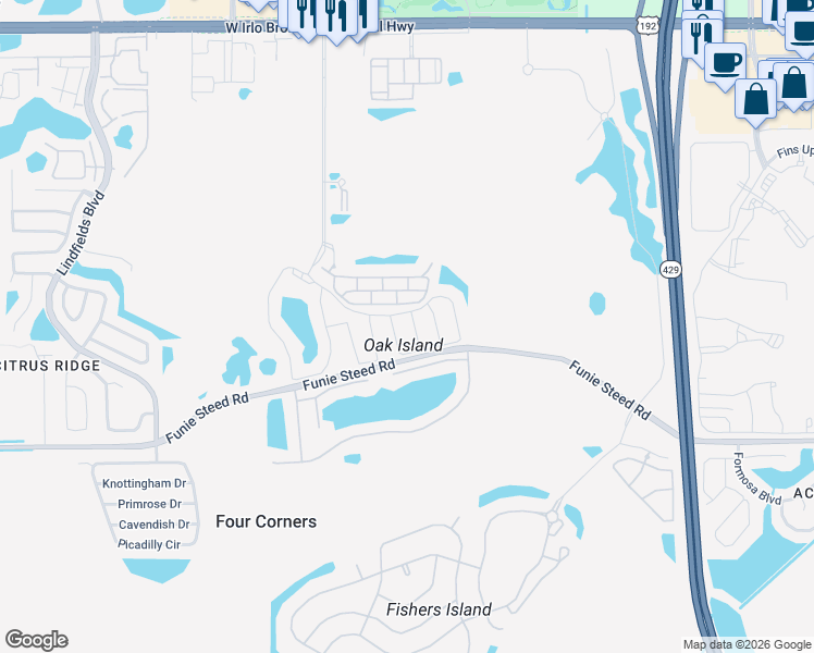 map of restaurants, bars, coffee shops, grocery stores, and more near 3000 White Orchid Road in Kissimmee