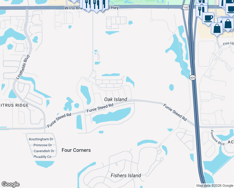 map of restaurants, bars, coffee shops, grocery stores, and more near 3000 White Orchid Road in Kissimmee
