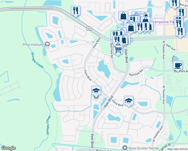 map of restaurants, bars, coffee shops, grocery stores, and more near 3069 Ashland Lane North in Kissimmee