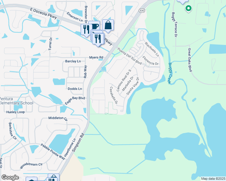 map of restaurants, bars, coffee shops, grocery stores, and more near 2947 Casabella Drive in Kissimmee