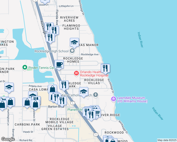 map of restaurants, bars, coffee shops, grocery stores, and more near 37 Valencia Road in Rockledge