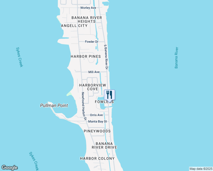 map of restaurants, bars, coffee shops, grocery stores, and more near 1197 South Banana River Drive in Merritt Island