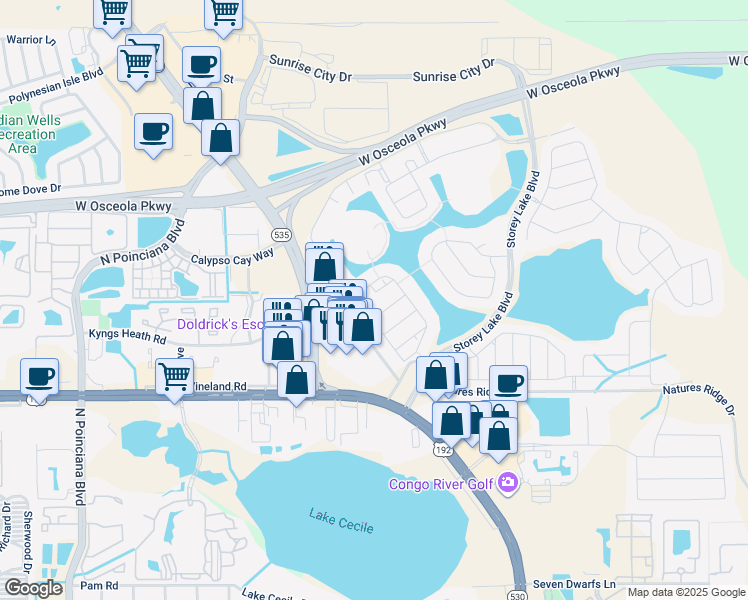 map of restaurants, bars, coffee shops, grocery stores, and more near 4828 Love Storey Lane in Kissimmee