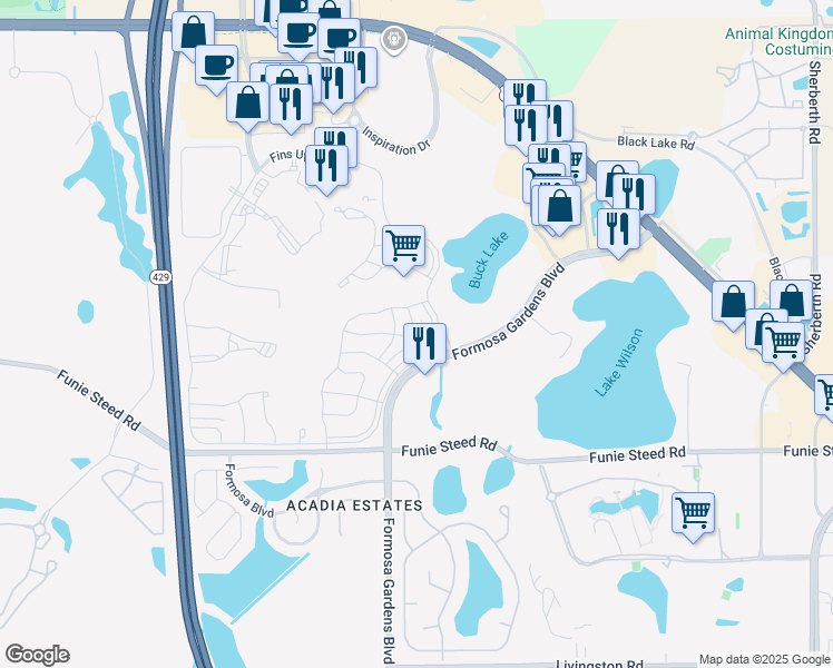 map of restaurants, bars, coffee shops, grocery stores, and more near 3001 Sea Plane Lane in Kissimmee