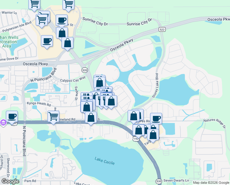 map of restaurants, bars, coffee shops, grocery stores, and more near 4828 Love Storey Lane in Kissimmee