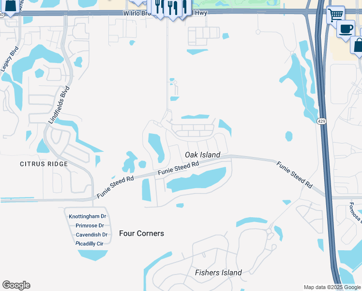 map of restaurants, bars, coffee shops, grocery stores, and more near 8525 Bay Lilly Loop in Kissimmee