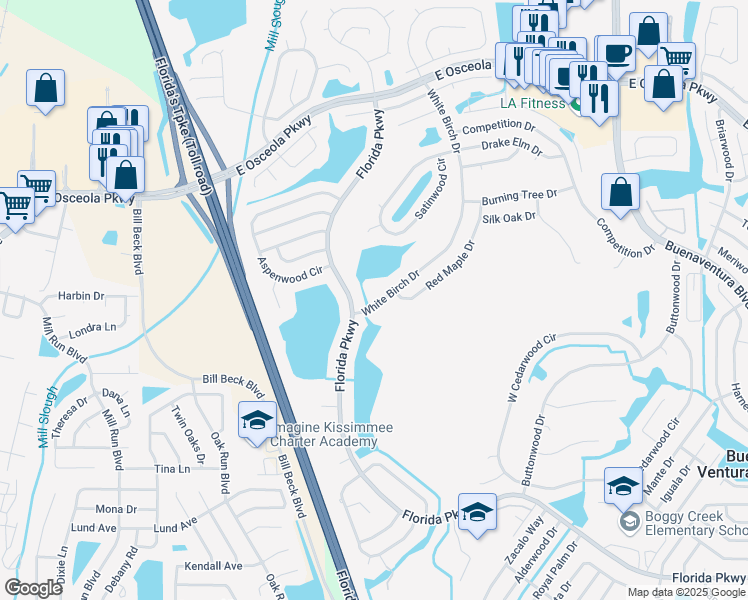 map of restaurants, bars, coffee shops, grocery stores, and more near 103 White Birch Drive in Kissimmee