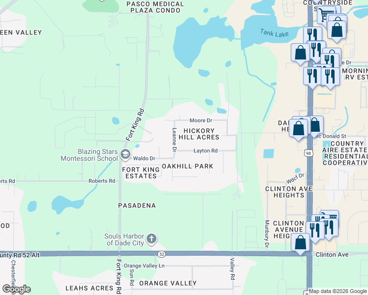 map of restaurants, bars, coffee shops, grocery stores, and more near 37321 Layton Road in Dade City