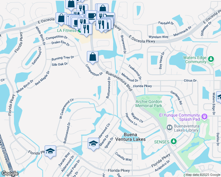 map of restaurants, bars, coffee shops, grocery stores, and more near 397 Buttonwood Dr in Kissimmee