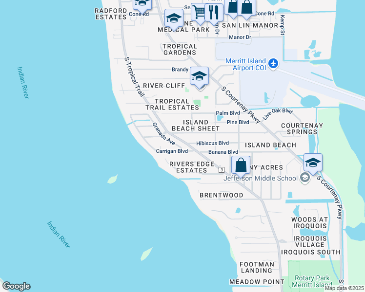 map of restaurants, bars, coffee shops, grocery stores, and more near 1170 Granada Boulevard in Merritt Island