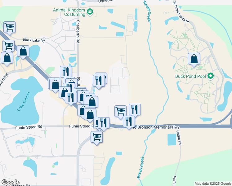 map of restaurants, bars, coffee shops, grocery stores, and more near 7580 Brooklyn Drive in Kissimmee