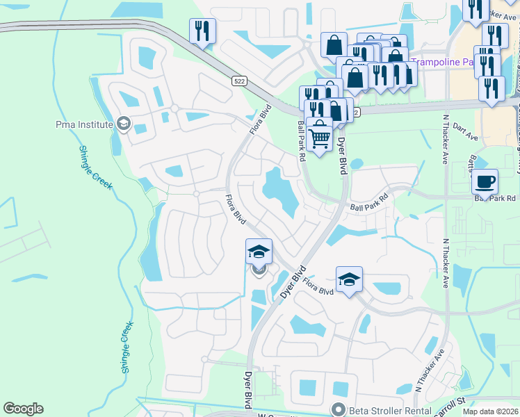 map of restaurants, bars, coffee shops, grocery stores, and more near 3069 Ashland Lane North in Kissimmee