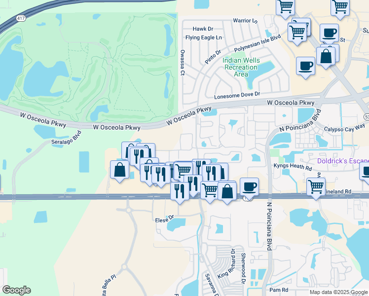map of restaurants, bars, coffee shops, grocery stores, and more near 2941 Lucayan Harbour Circle in Kissimmee