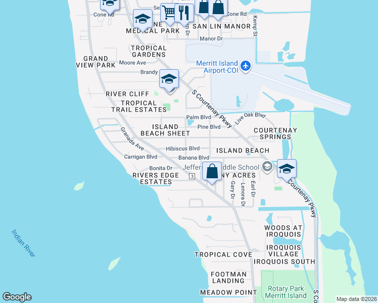 map of restaurants, bars, coffee shops, grocery stores, and more near 305 Hibiscus Boulevard in Merritt Island
