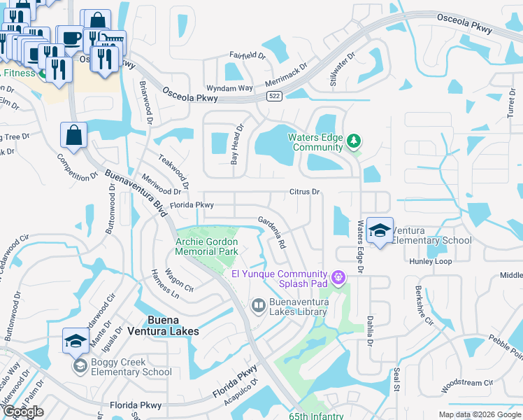 map of restaurants, bars, coffee shops, grocery stores, and more near 186 Florida Parkway in Kissimmee