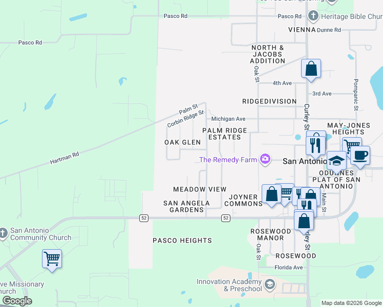 map of restaurants, bars, coffee shops, grocery stores, and more near 32138 Oak Glen Drive in San Antonio