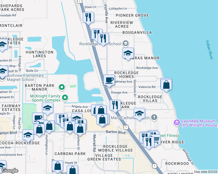 map of restaurants, bars, coffee shops, grocery stores, and more near 823 Osceola Drive in Rockledge