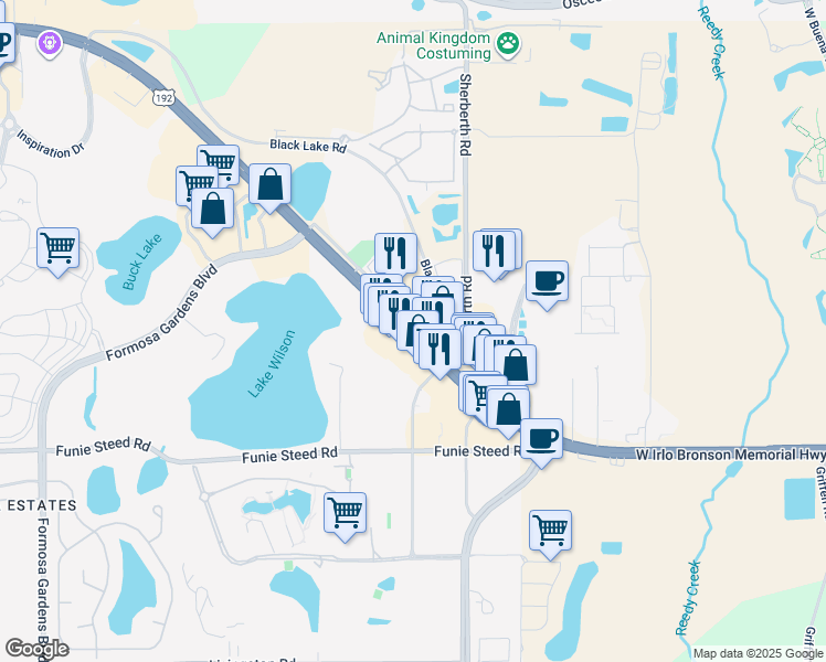 map of restaurants, bars, coffee shops, grocery stores, and more near West Irlo Bronson Memorial Highway in Kissimmee