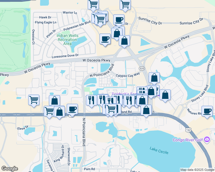 map of restaurants, bars, coffee shops, grocery stores, and more near 5002 Mangrove Al in Kissimmee