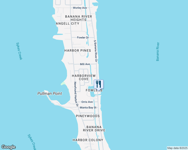 map of restaurants, bars, coffee shops, grocery stores, and more near 1197 South Banana River Drive in Merritt Island