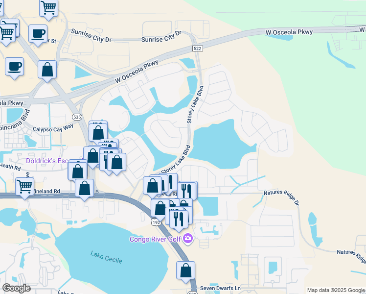 map of restaurants, bars, coffee shops, grocery stores, and more near 4821 Kings Castle Circle in Kissimmee