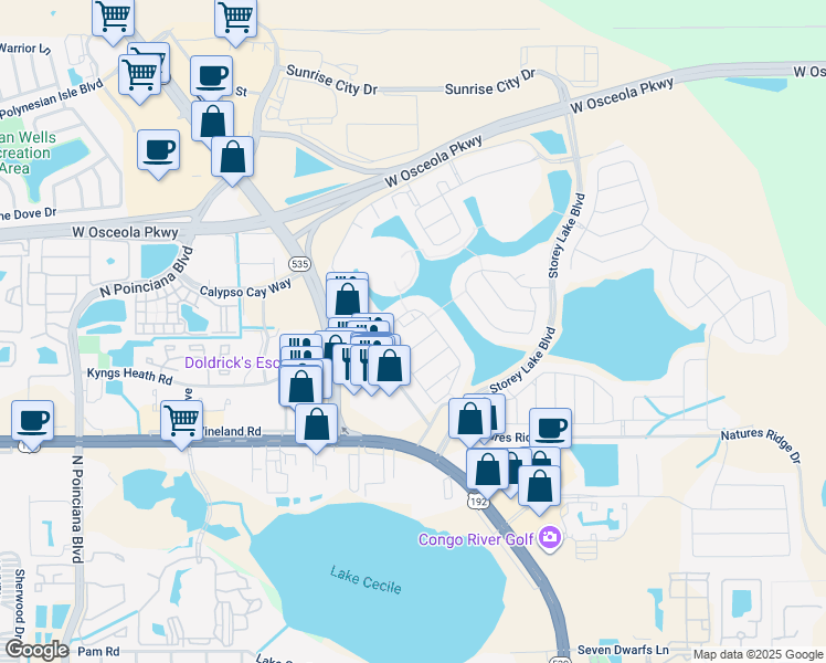 map of restaurants, bars, coffee shops, grocery stores, and more near 4828 Love Storey Lane in Kissimmee