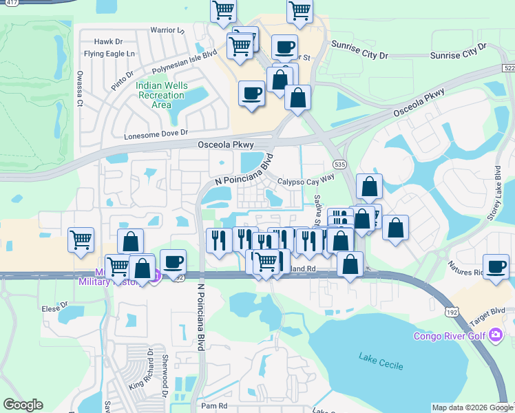map of restaurants, bars, coffee shops, grocery stores, and more near 3083 Rosie O Grady Court in Kissimmee