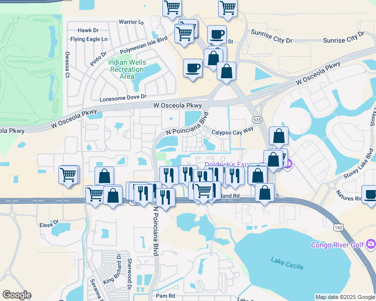map of restaurants, bars, coffee shops, grocery stores, and more near 5008 Mangrove Alley in Kissimmee